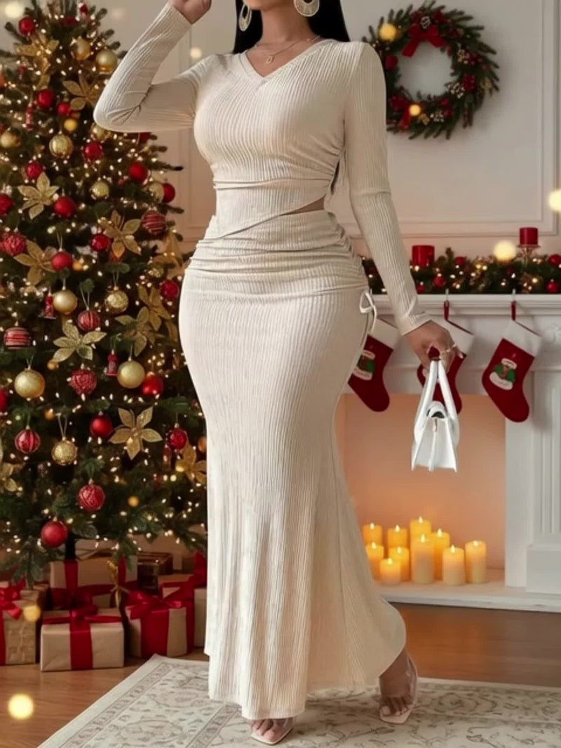 Women's 2pcs Long Sleeve V-Neck Top + Mid-Length Waist-Cinching Side-Tie.