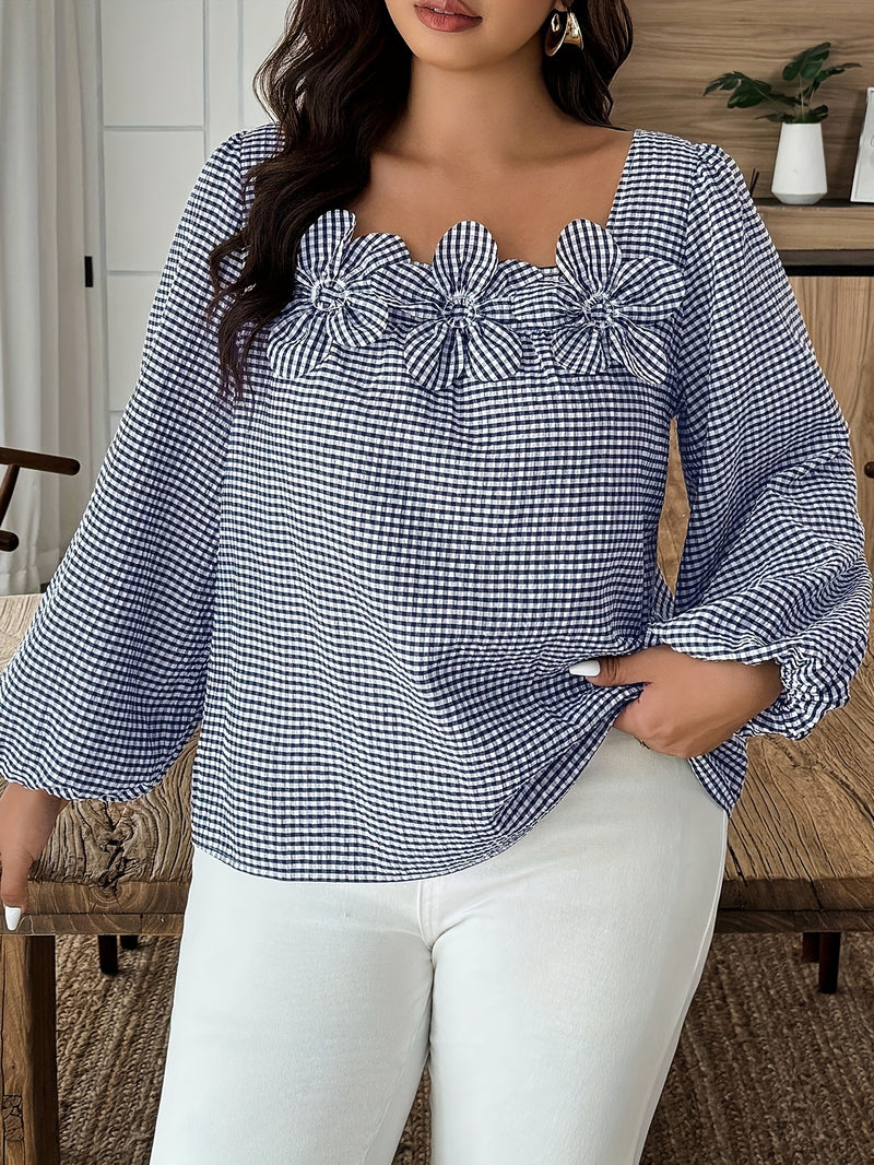 Plus Size Checkered Floral 3D Decorative Long Sleeve Women's Autumn Shirt.
