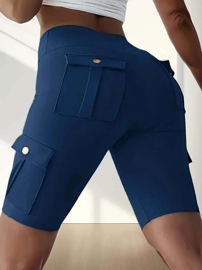 High-Waist Women's Solid Color Athletic Yoga Cargo Shorts for Exercise & Fitness.