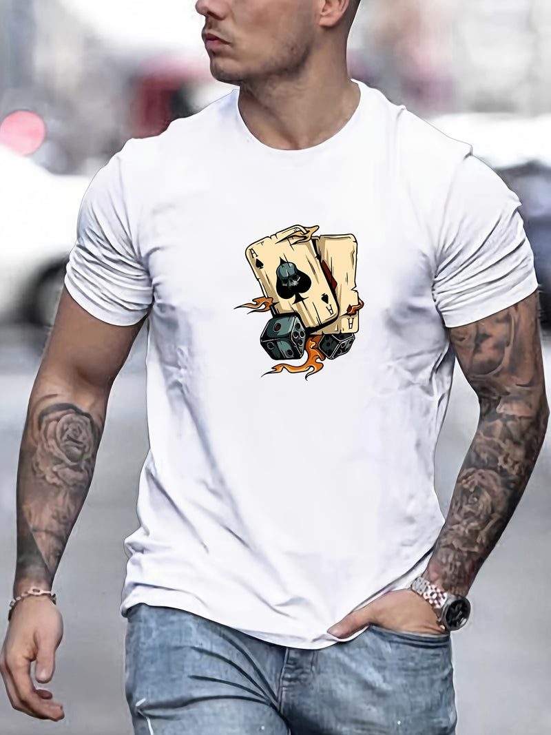 Men's Poker Card Pattern Summer Casual Crew Neck Short T-Shirt.