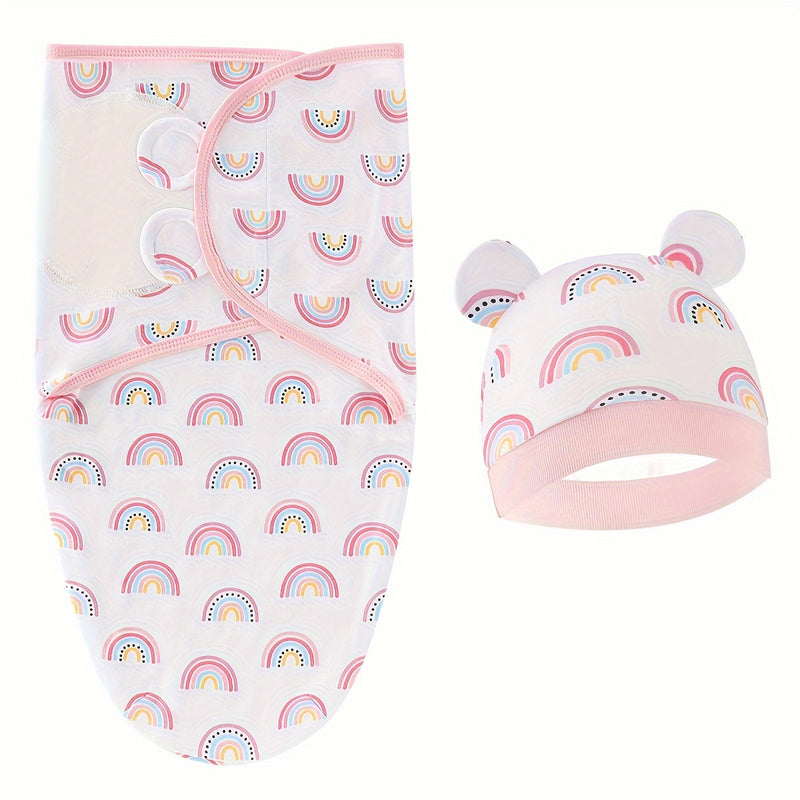 2pcs Soft Cotton Baby Swaddle Sack Set with Hat for Newborn Girls, 0-6 Months.