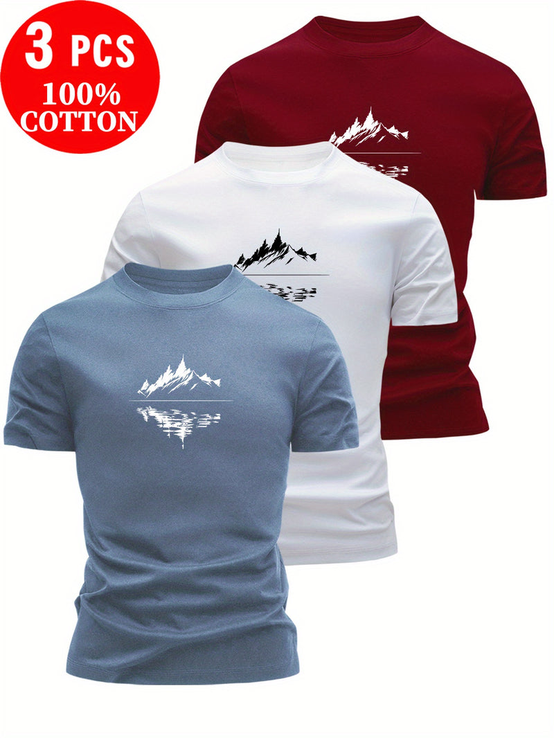 3pcs 100% Cotton T-Shirts with Landscape Pattern.