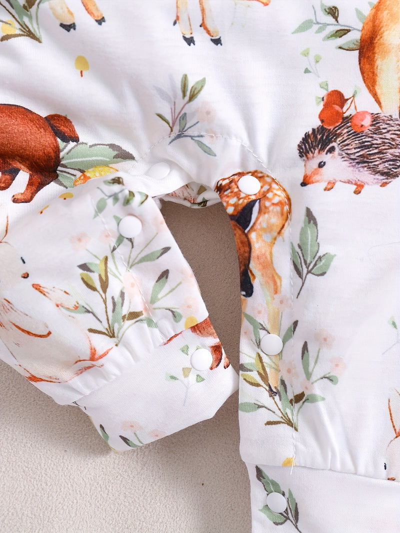 Children's Cartoon Animal Print Round Neck Long Sleeve Bodysuit.