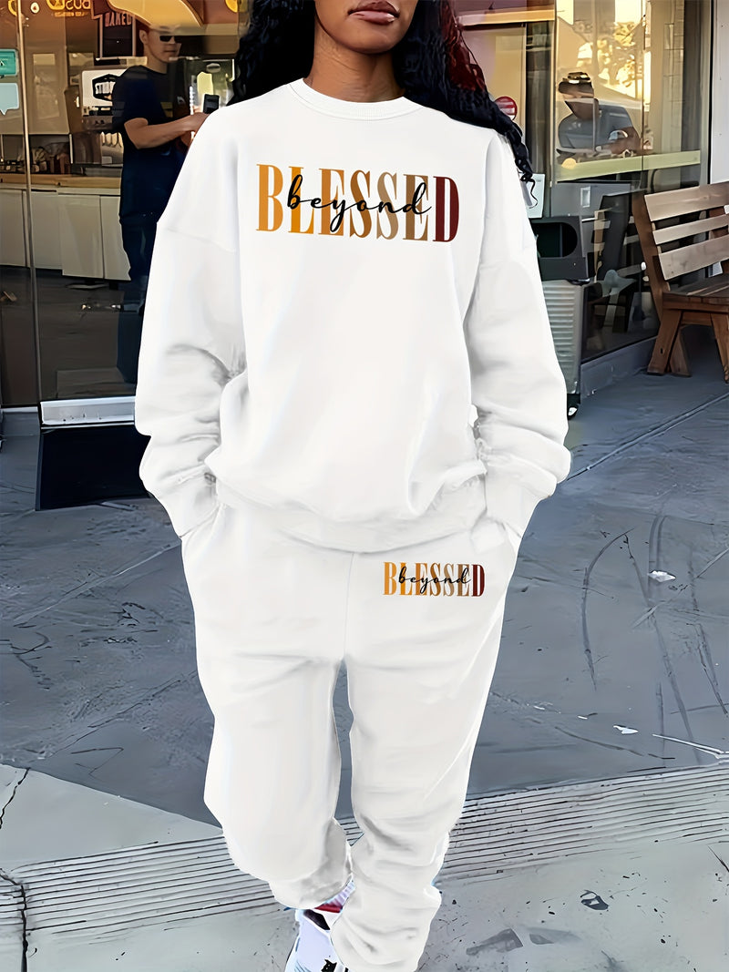 Women’s Letter Print Two Piece Set, Crew Neck Sweatshirt & Pants.