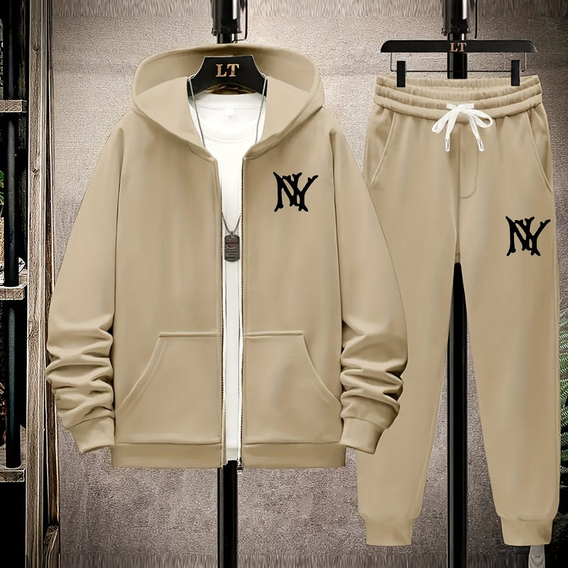 Hooded Zip-Up Jacket Set with NY Letter Prints on The Front And Back.