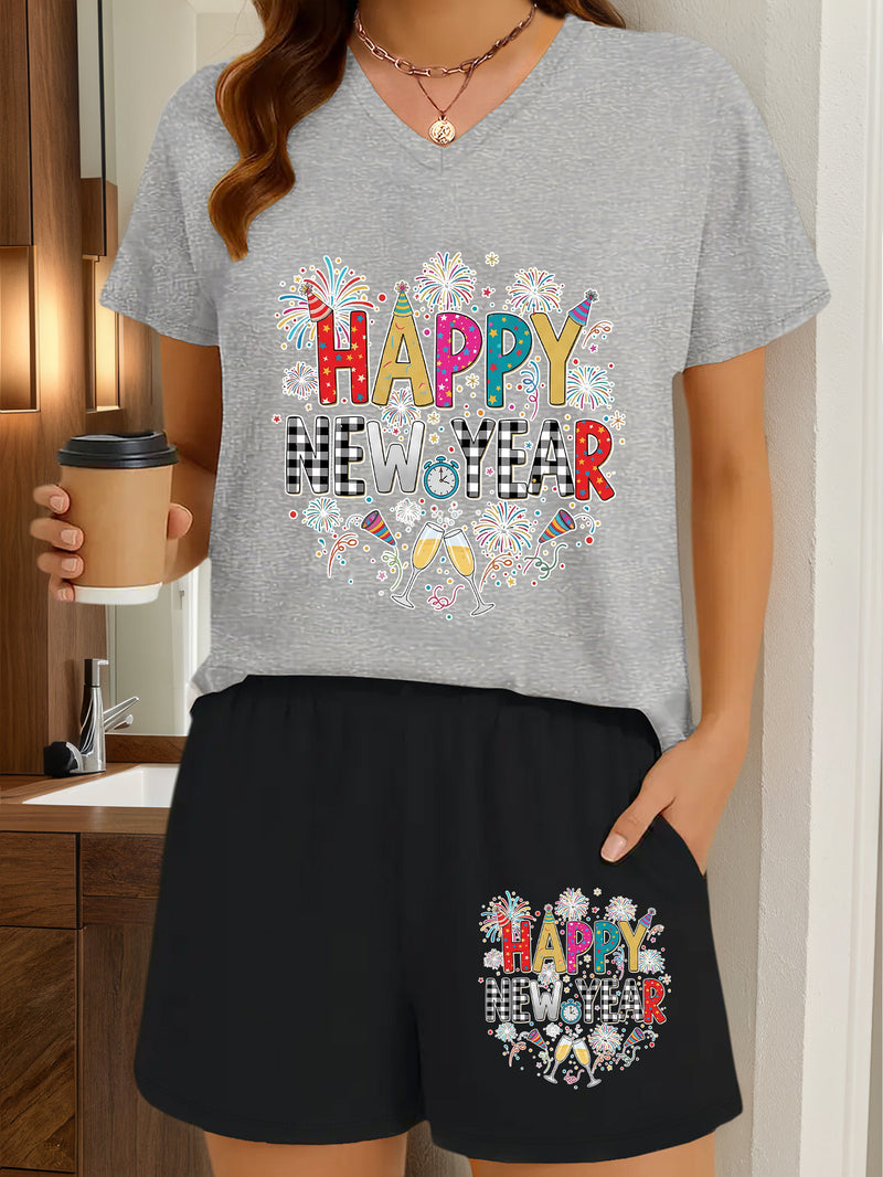 2pcs Women's Y2K Elegant V-Neck Short-Sleeve Blouse & Matching Shorts.