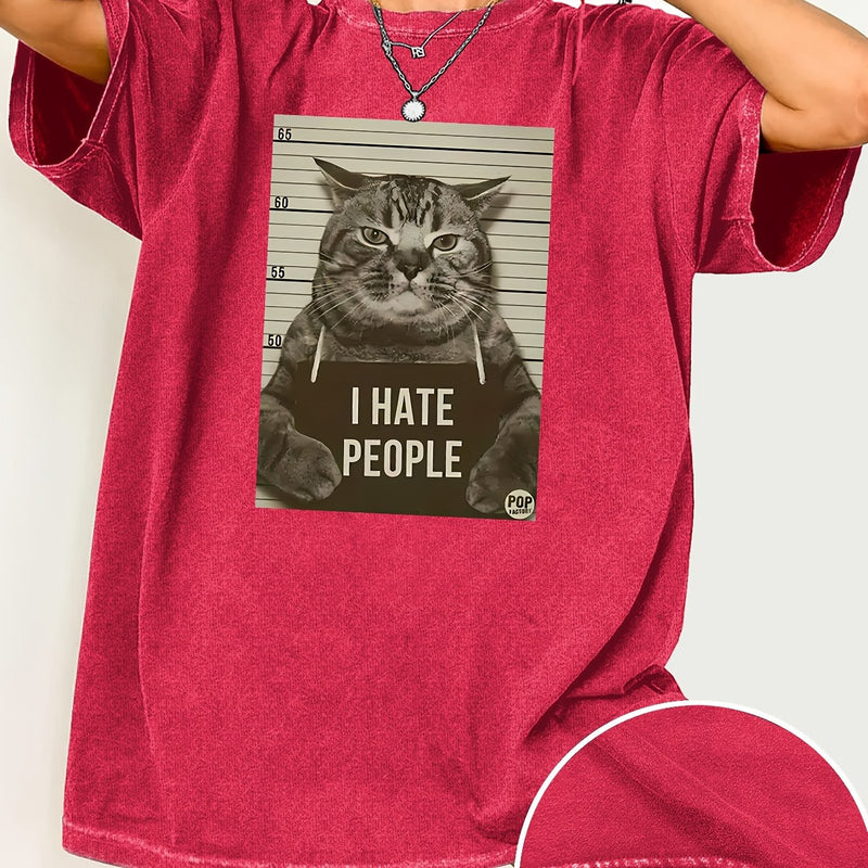 Cat Print Loose Round Neck Fashion Women's Wash Short Sleeve.
