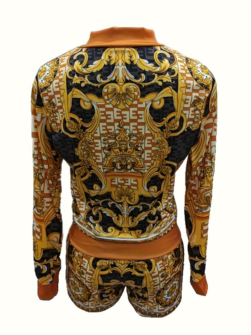 Women’s Floral Print Elegant Shorts Set, Long Sleeve V-neck Zip Up Jacket.