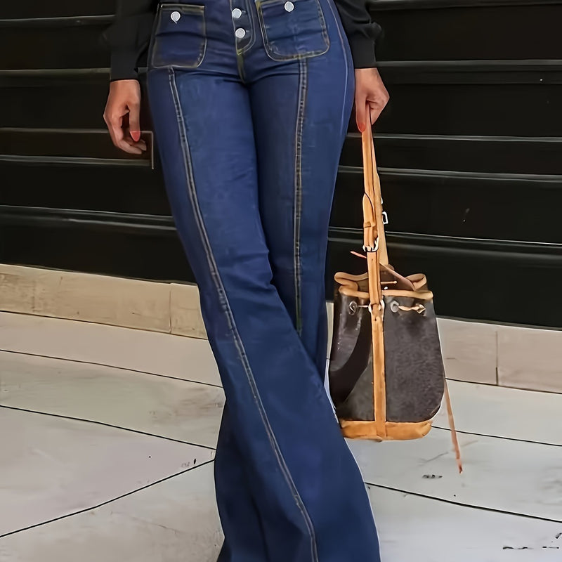 Women's Retro Row Button High Elastic Denim High Waist Slim Fit Flared Pants.