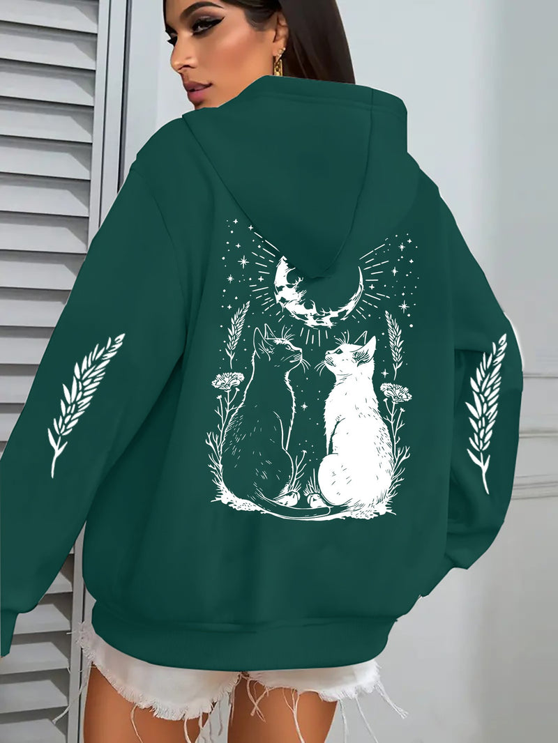 Cat Print Casual Zip-up Hoodie with Pockets.