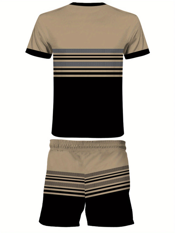 Men's casual two-piece set, round neck short sleeved T-shirt.