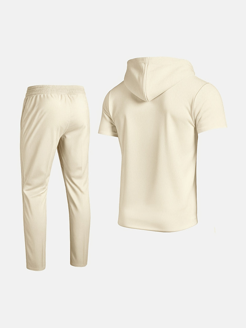 Men's set short sleeved hooded top with drawstring elastic waistband.