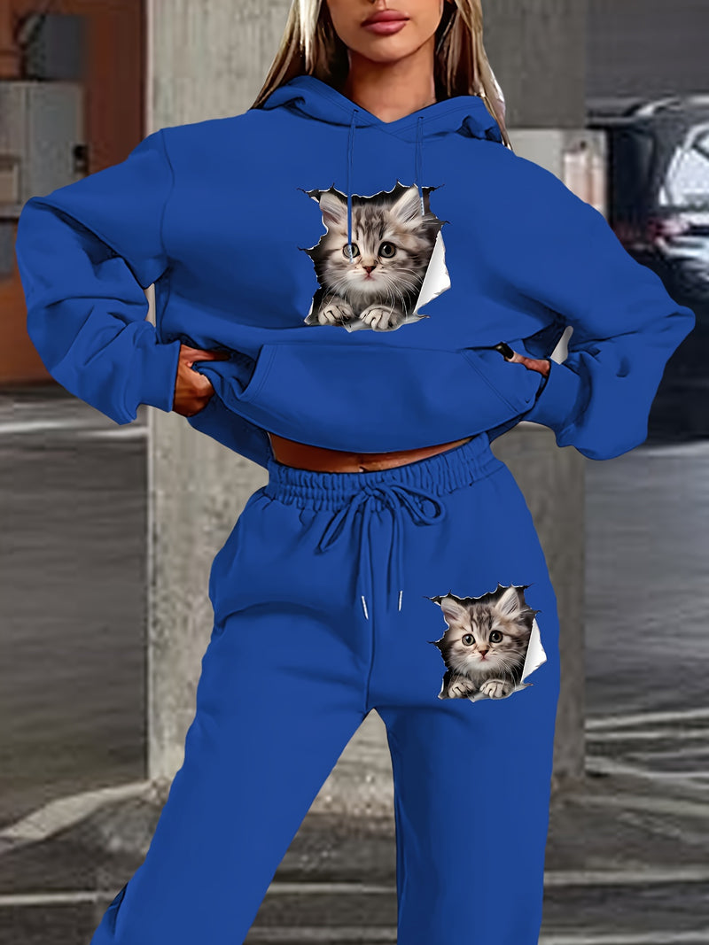 Women's Polyester Hooded Tracksuit with Cat Print.