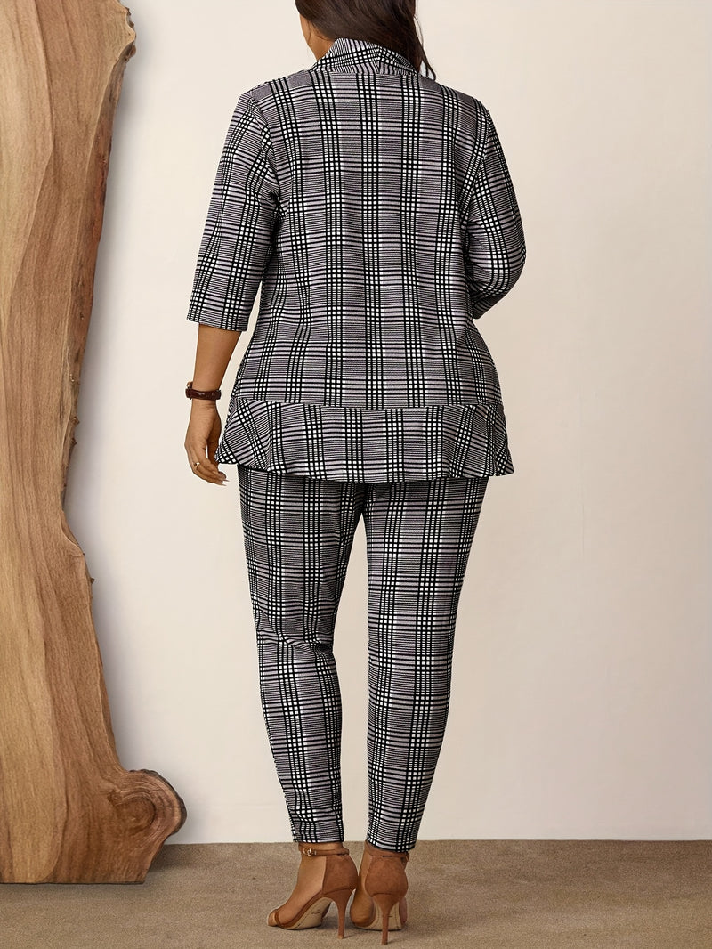 Women's Two-Piece Plaid Print Casual Three-Quarter Sleeve Work.