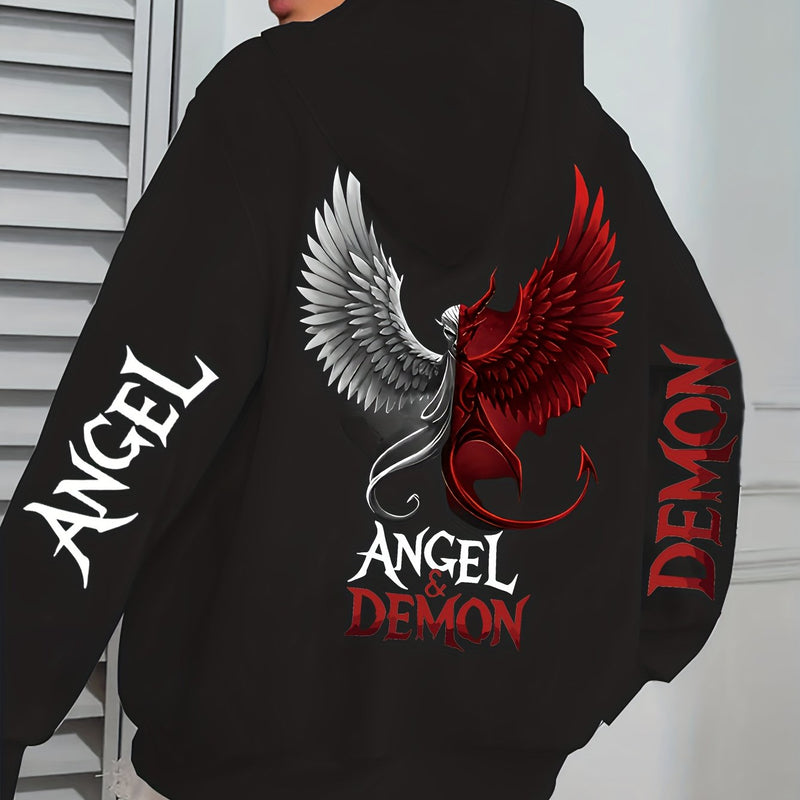 Hooded Sweatshirt with Angel and Demon Print.
