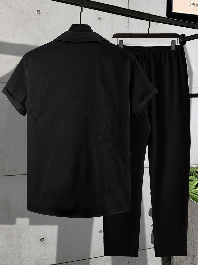 2pcs Men's Casual Short-sleeve Lapel Shirt and Trousers Set.