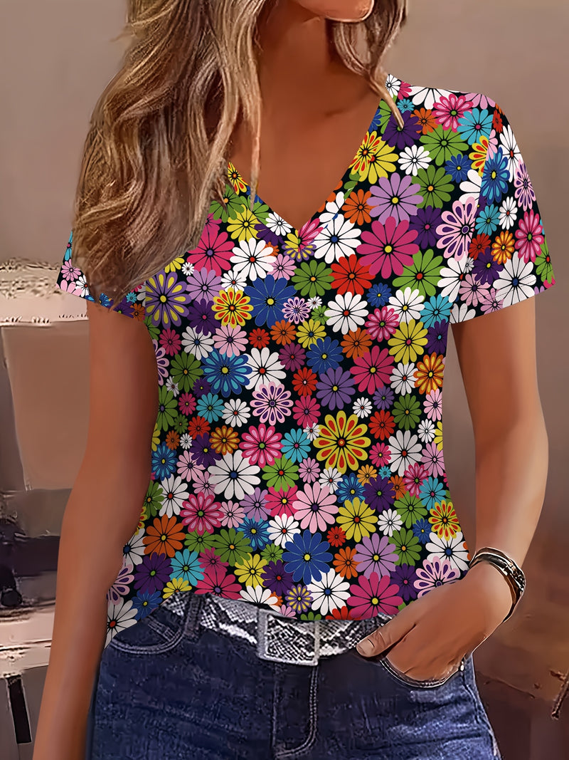 Elegant Casual Floral Print V-Neck Short Sleeve T-Shirt for Women.