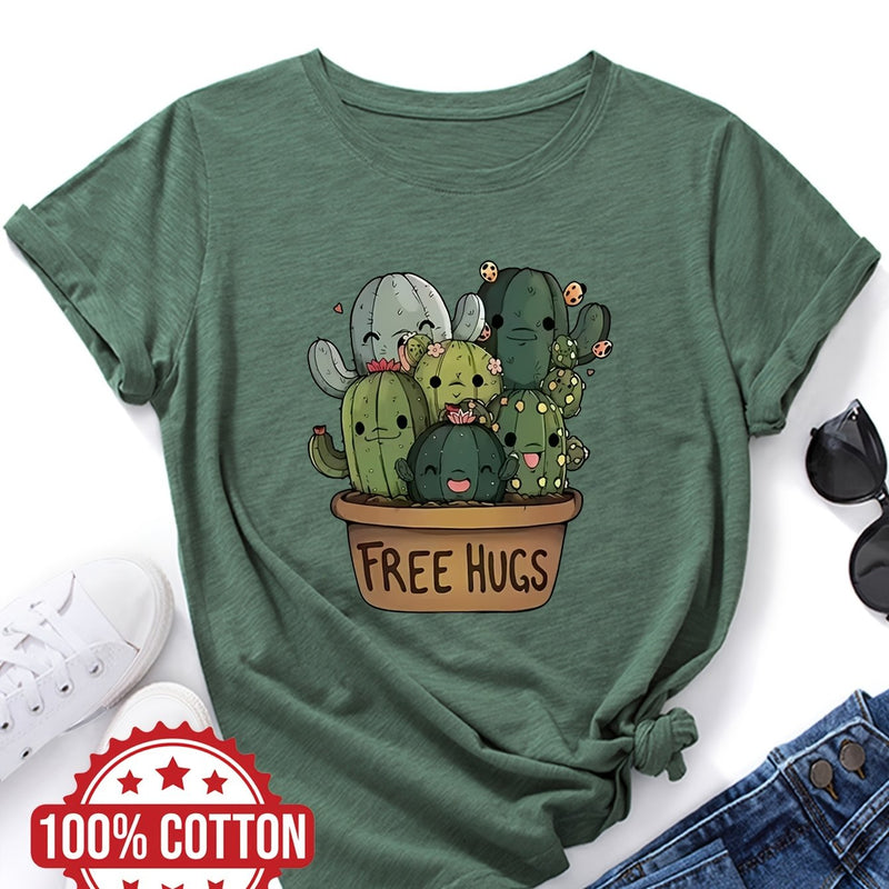Women's "Free Hugs" Slogan T-Shirt.