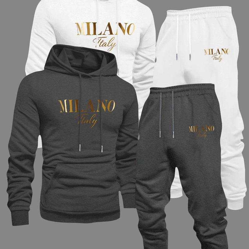 Men's Fashion Slogan Hoodie Four-Piece Set with Drawstring Elastic.