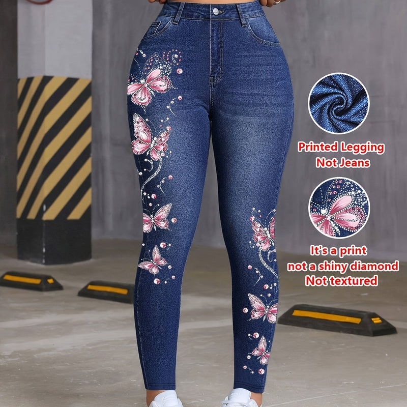 Women's Imitation Denim Leggings, Four Seasons Style, Jeans Print.