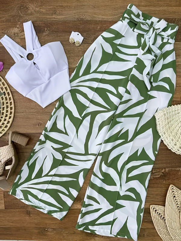 Women’s Elegant White Off-Shoulder Tank Top & Green & White Geometric Print Wide-Leg Pants.