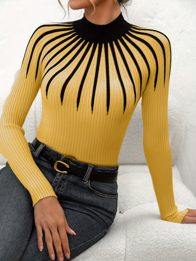 Women's Color Block Ribbed Elegant Long Sleeve Pullover.