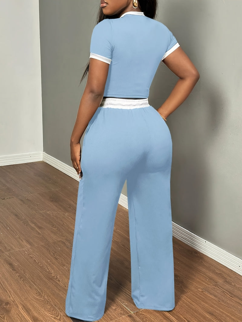 Women's Sexy Color Block Short-Sleeved T-Shirt And High-Waisted Belt Bandage Trousers.