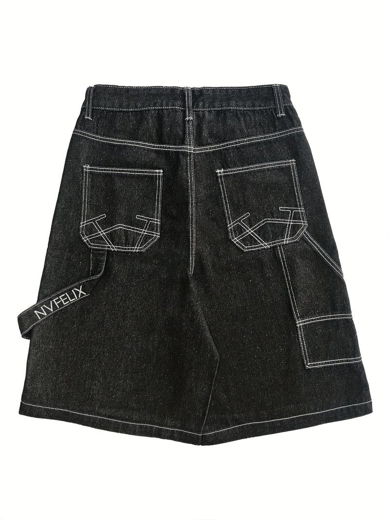 Men's American Embroidery Loose Fit Knee-Length Denim Shorts - Streetwear Style.