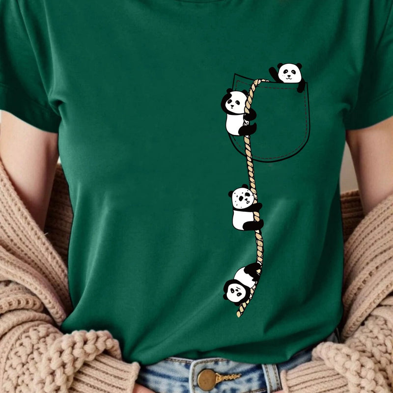 Women’s  Pocket Panda Climbing Rope Cute Pattern Print Fashion Crew Neck T-Shirt.