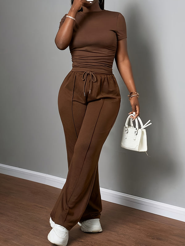Women's Fashion Slimming Drawstring Wide Leg Pants Set.
