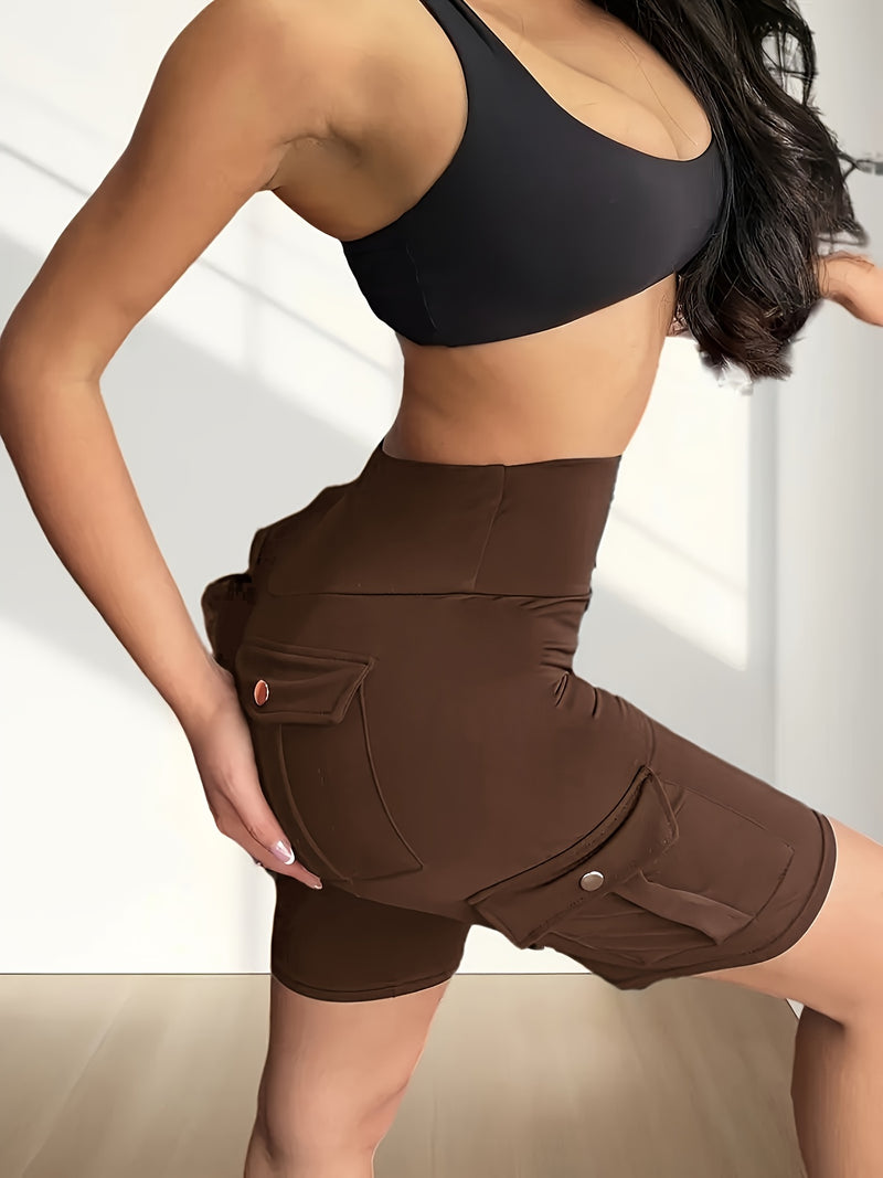 High-Waist Women's Solid Color Athletic Yoga Cargo Shorts for Exercise & Fitness.
