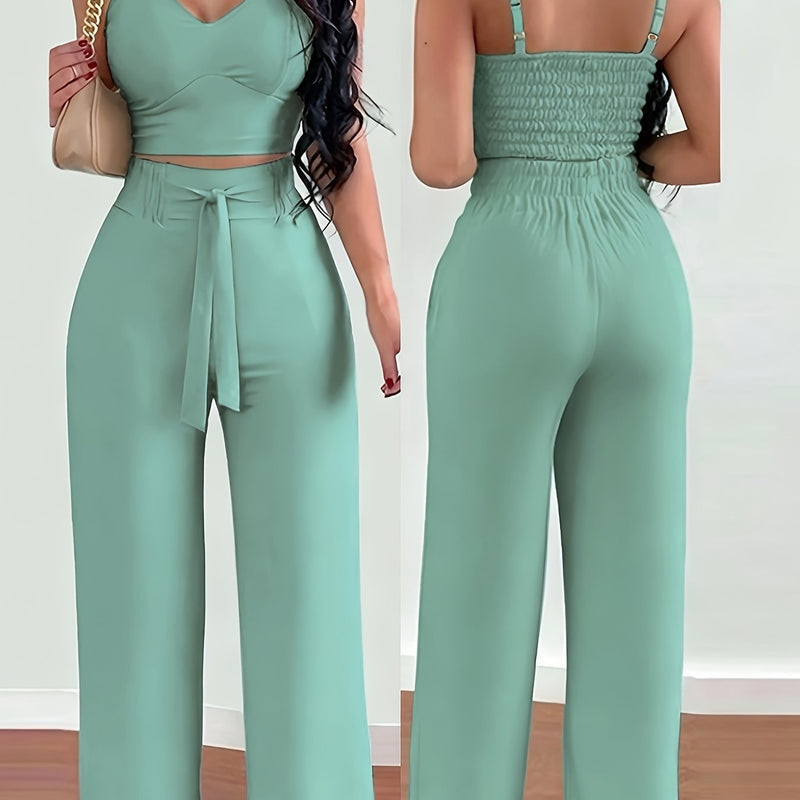 2-piece Women's Set with Thin Strap Stretch Camisole and Wide-leg Pants.