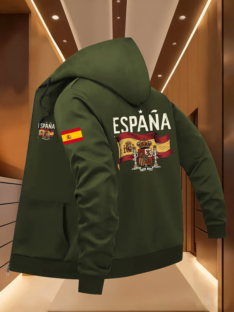 Men's Spanish Flag & Spain Lettering Print Hooded Jacket.