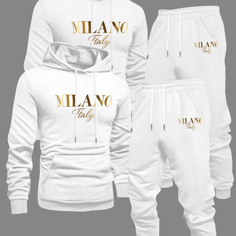 Men's Fashion Slogan Hoodie Four-Piece Set with Drawstring Elastic.