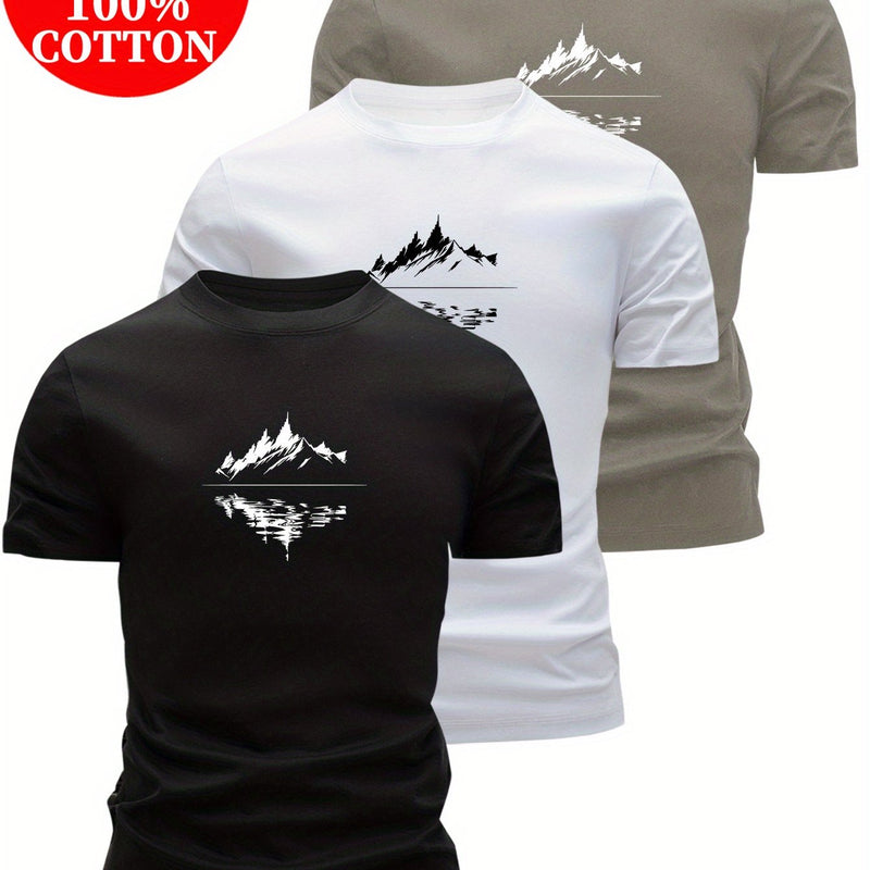 3pcs 100% Cotton T-Shirts with Landscape Pattern.
