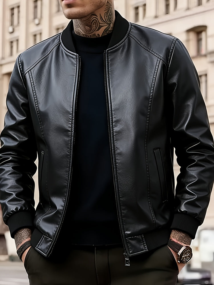 Men'S Fashionable Windproof Black Faux Leather Jacket | Zipper Closure.