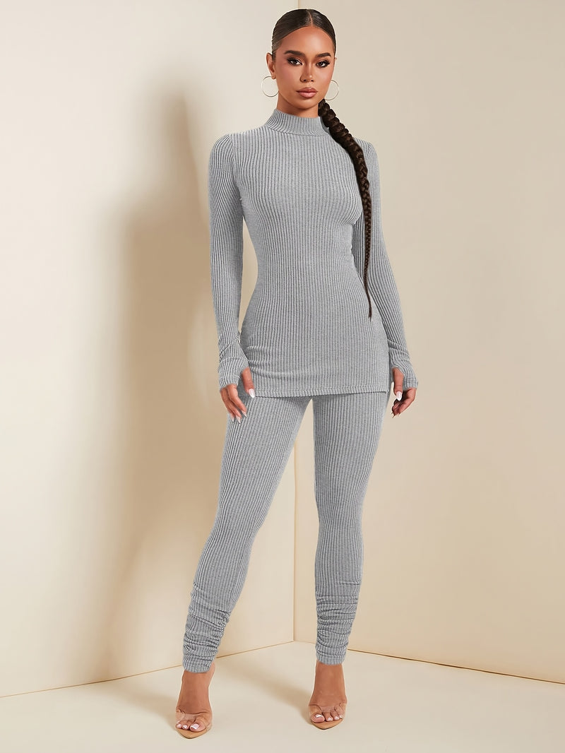Women’s Fashion Casual Solid Color Stand Collar Long Sleeve and Pants Set.