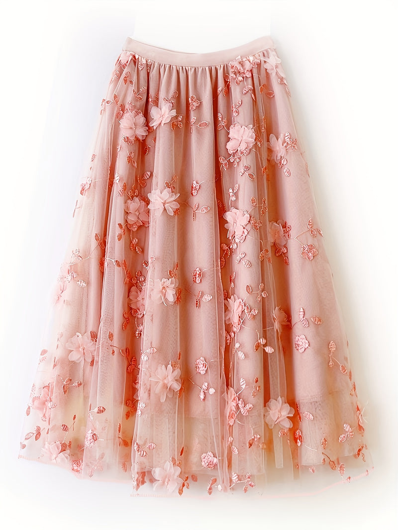 Women’s Double-layer Mesh Flared A-line Embroidered Floral Skirt.
