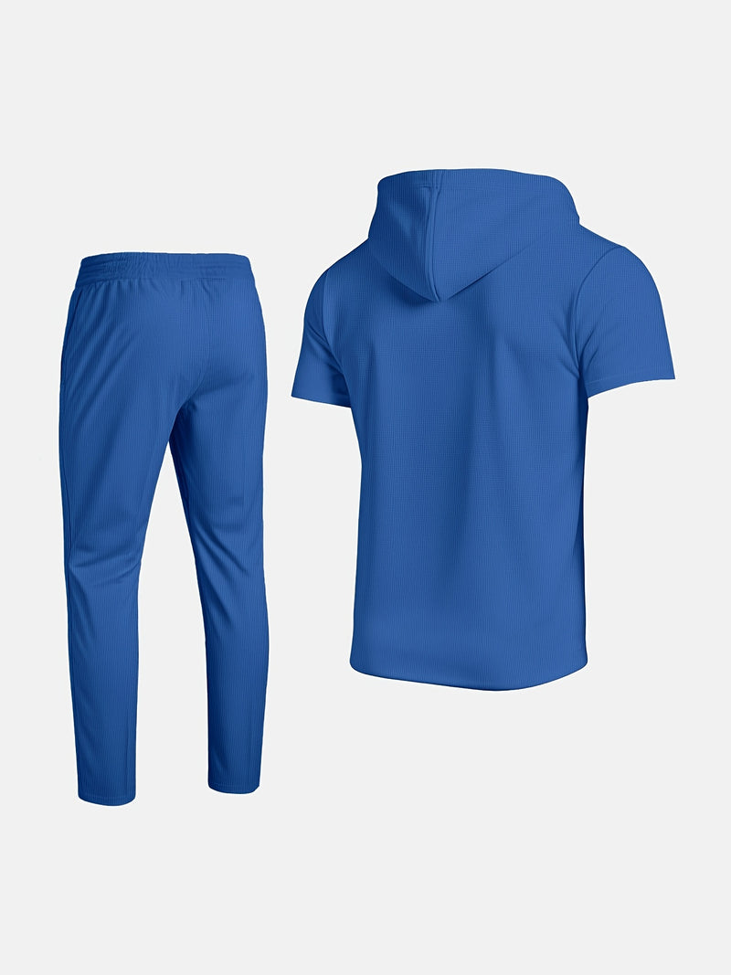Men's set short sleeved hooded top with drawstring elastic waistband.