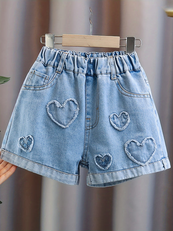 Girls Love Heart-Patterned Denim Shorts in Summer, Rolled-Up Denim Short.