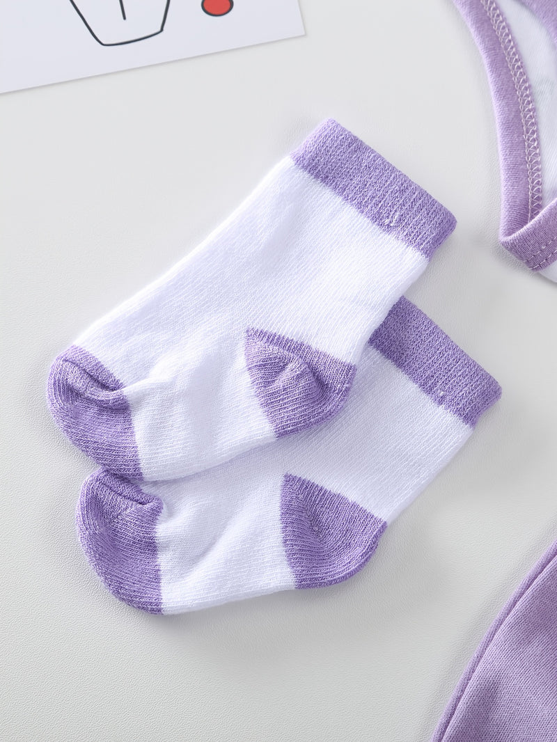 Baby Long-Sleeved Triangle Romper Pants Hat Socks Set.