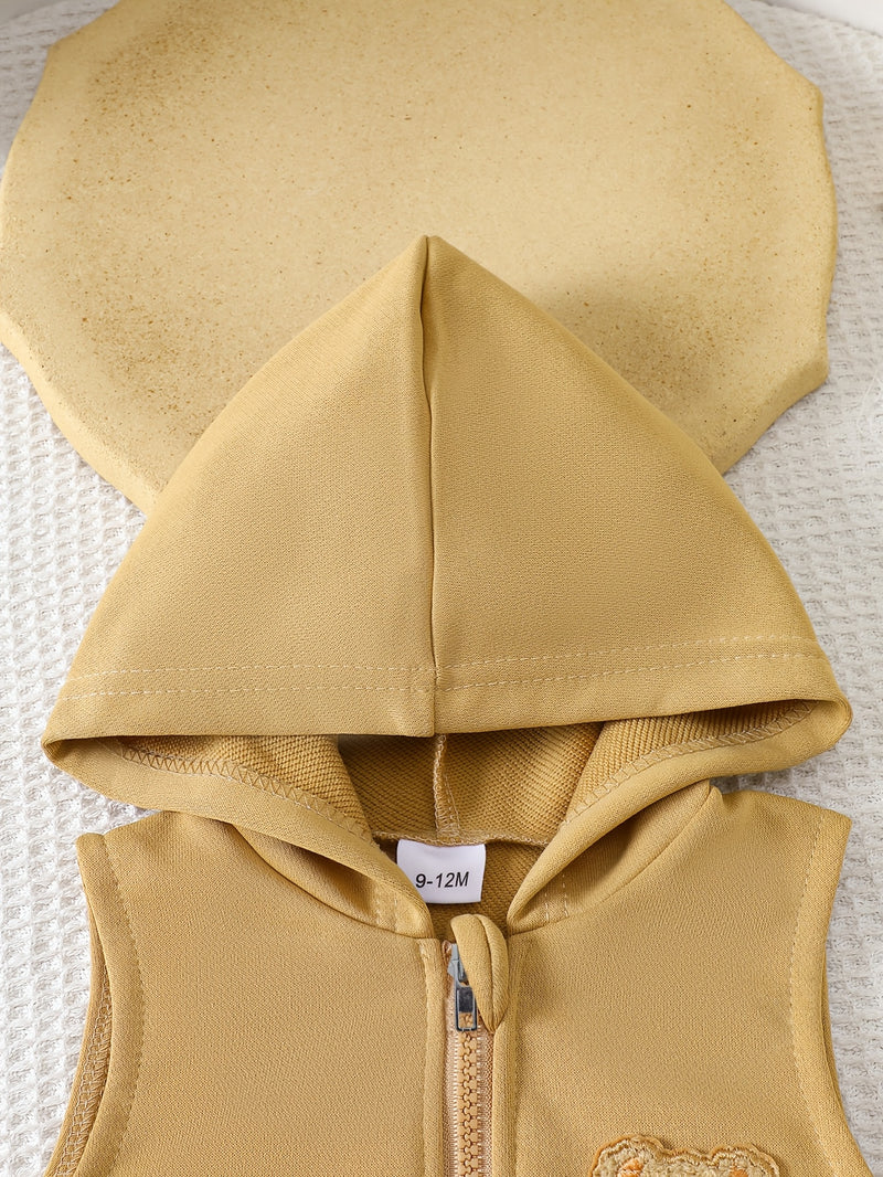 Baby Boy's 3pcs Set: Embroidered Bear Hooded Vest with Embroidered Bear Plaid Patchwork Top.