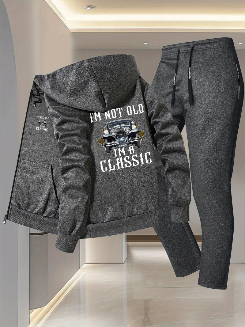 Men's Vintage Car Print 2pcs Suit Set - Slim-Fit Hooded Jacket & Pants.
