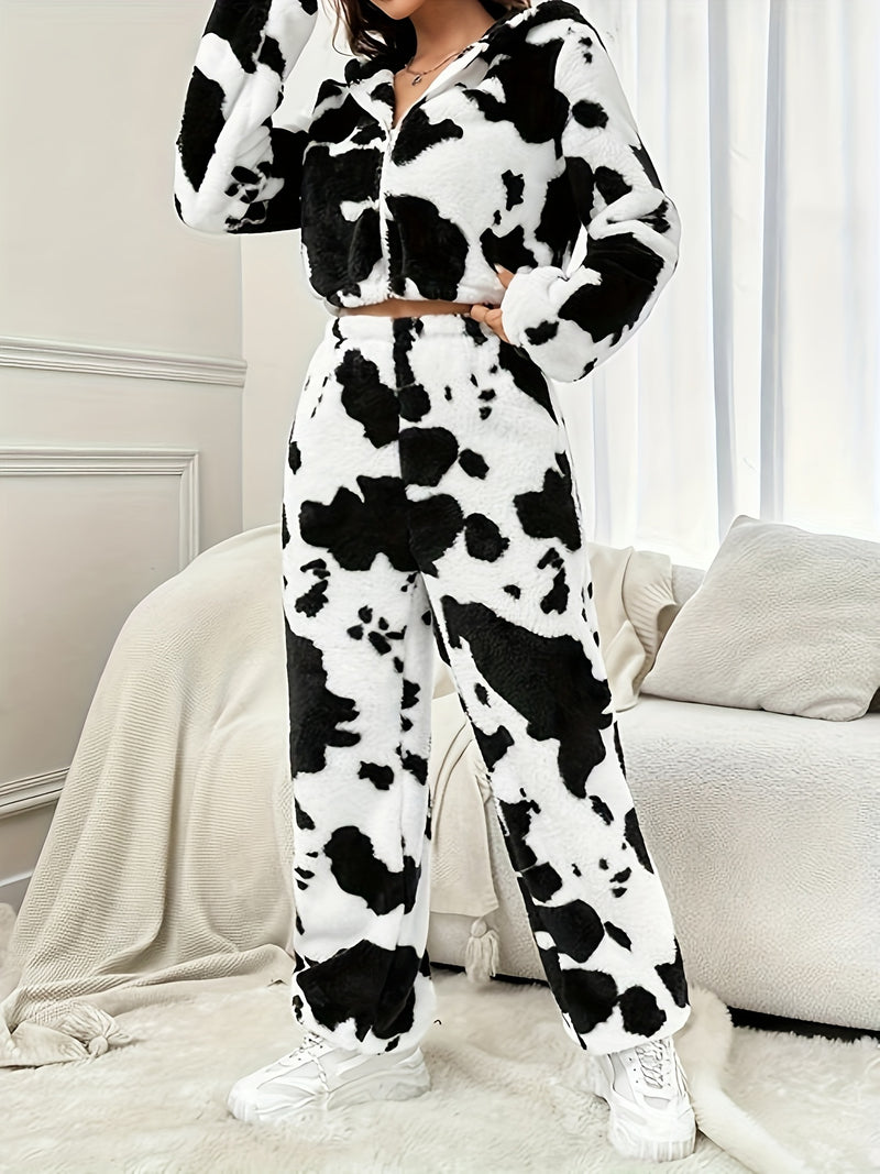 Women’s Cow-Patterned Hooded Plush Outfit.