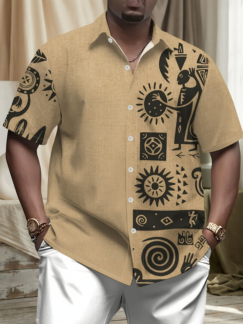 Men's Big & Tall Light Khaki Short-Sleeve Shirt with Black Ethnic Tribal Print.