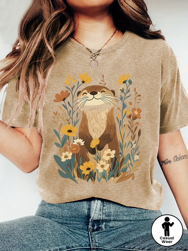 Women's Short-Sleeve T-Shirt with Otter & Botanical Print.
