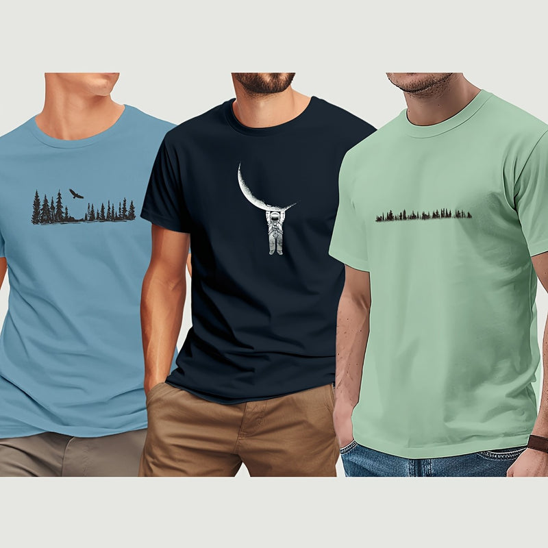 3pcs Men's Short Sleeve Print T-Shirt.