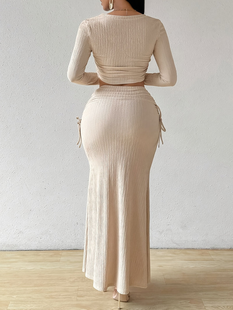 Women's 2pcs Long Sleeve V-Neck Top + Mid-Length Waist-Cinching Side-Tie.