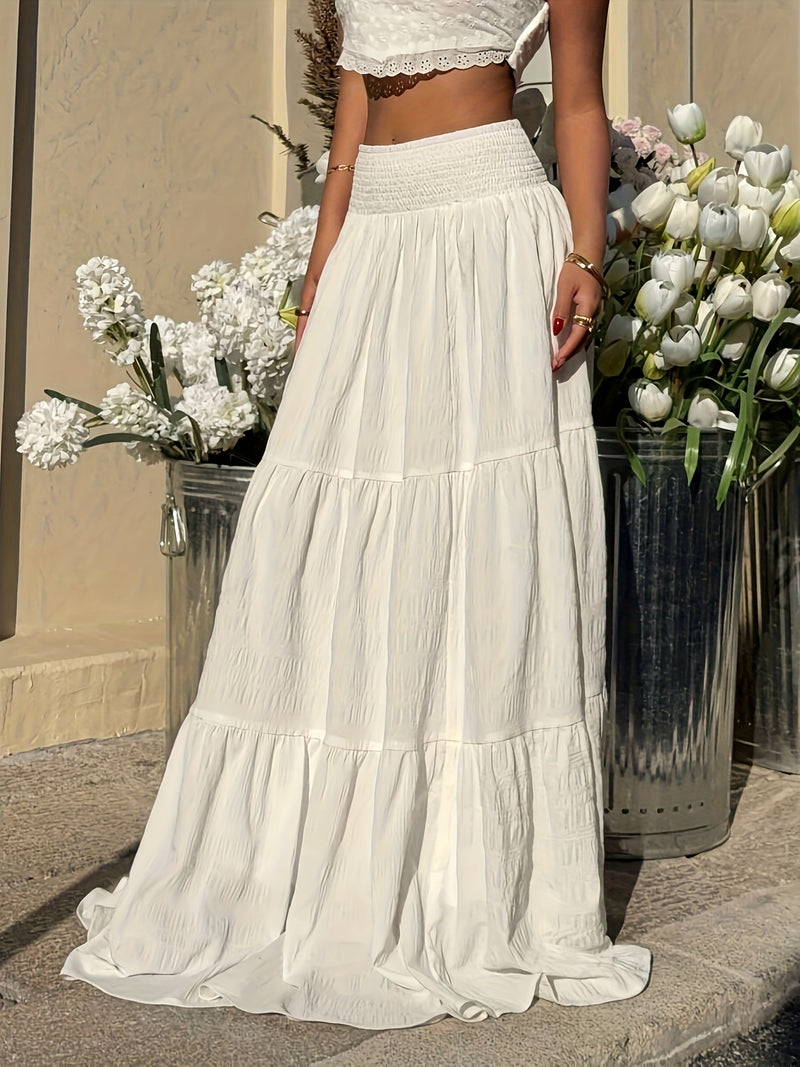 Women's Elegant Solid Color Pleated Waist A-Line Maxi Skirt.