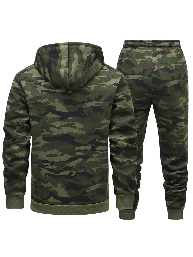 Men's Camouflage Print Hooded Sweatshirt and Jogger Set.
